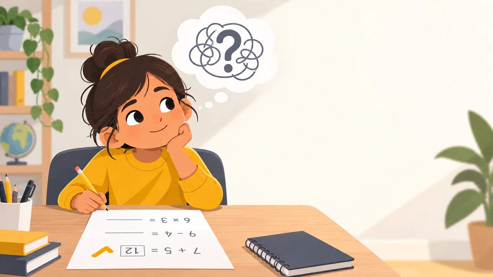 Child considering a math problem while working at a desk